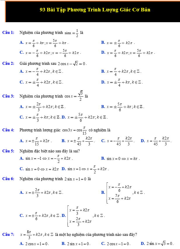 Giải chi tiết 93 Bài Tập Phương Trình Lượng Giác Cơ Bản