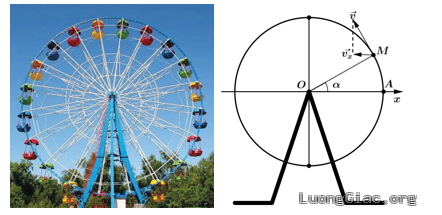 Khi đu quay hoạt động, vận tốc theo phương ngang của một cabin $M$ phụ thuộc vào góc lượng giác