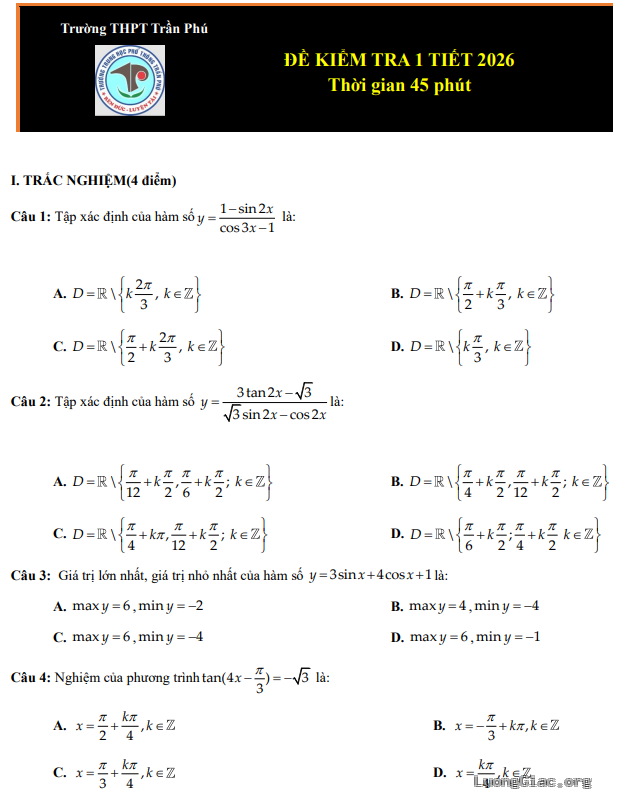 Đề kiểm tra giữa kì 2 lớp 11  trường THPT Trần Phú Hà Nội năm 2026
